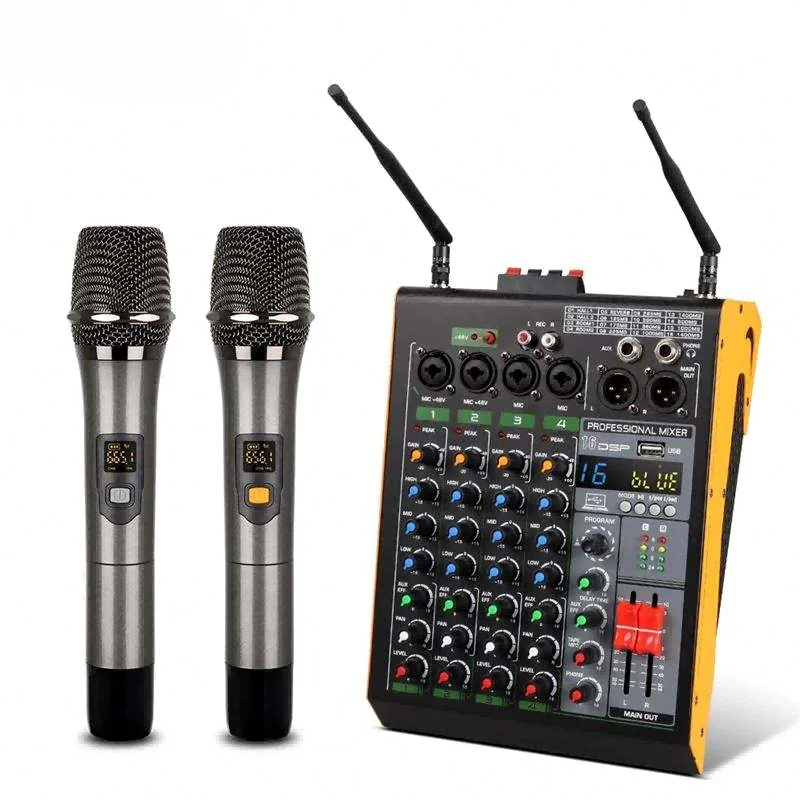 Desktop audio sound card mixer usb bt reverb recording studio 4 channel dj amplifier mixers with dual wireless microphone