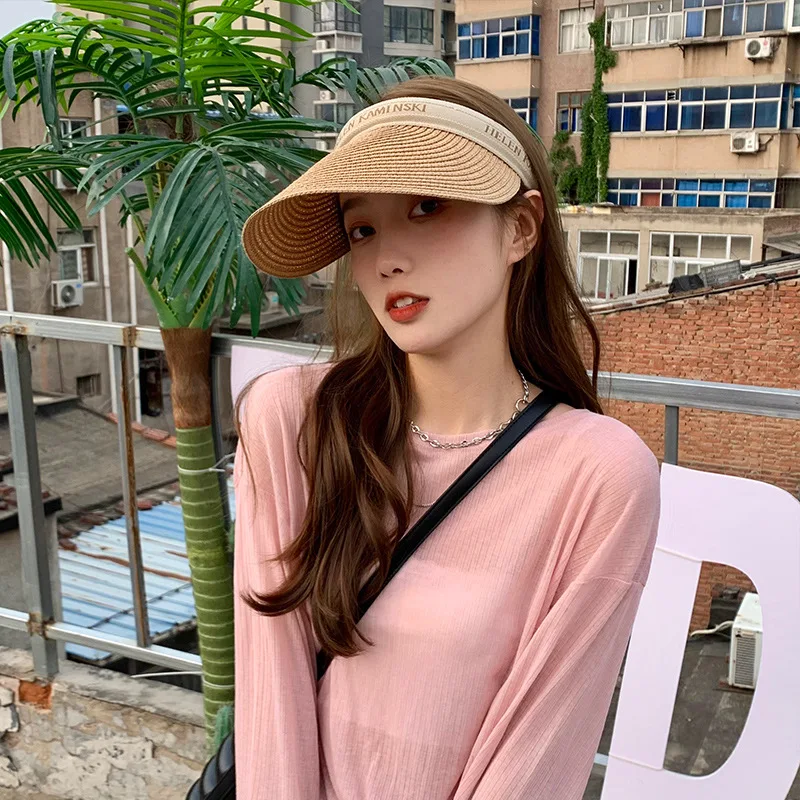 2022 trend sun hat ladies summer sun protection straw hat all-match riding headband empty top sun hat