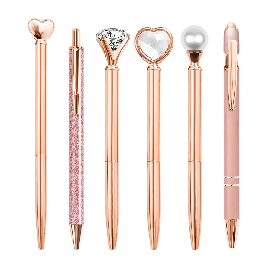 Girls Rose Gold Ballpoint Pens Metal Crystal Diamond Pen Pretty Cute Fancy Liquid Sand Glitter Black Ink Pens for Journaling