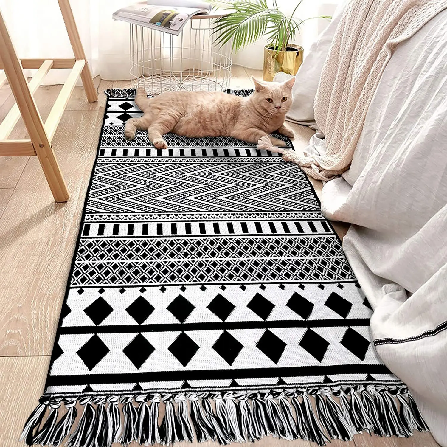 Scandinavian ethnic style cotton and linen jacquard woven carpet tassel floor mat living room sofa tatami mat