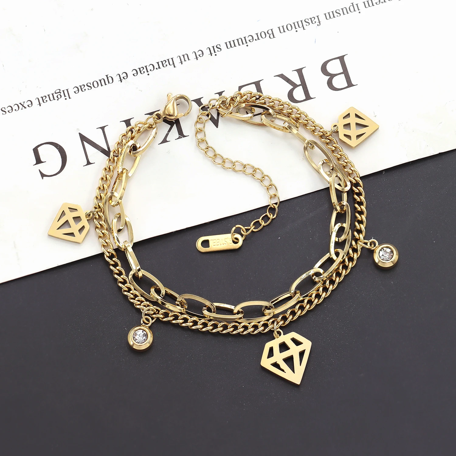 New Trendy Unisex Jewelry 18K Gold Plated Stainless Steel Double Layered Infinity Symbol Diamond Pirate Anchor Coin Bracelet