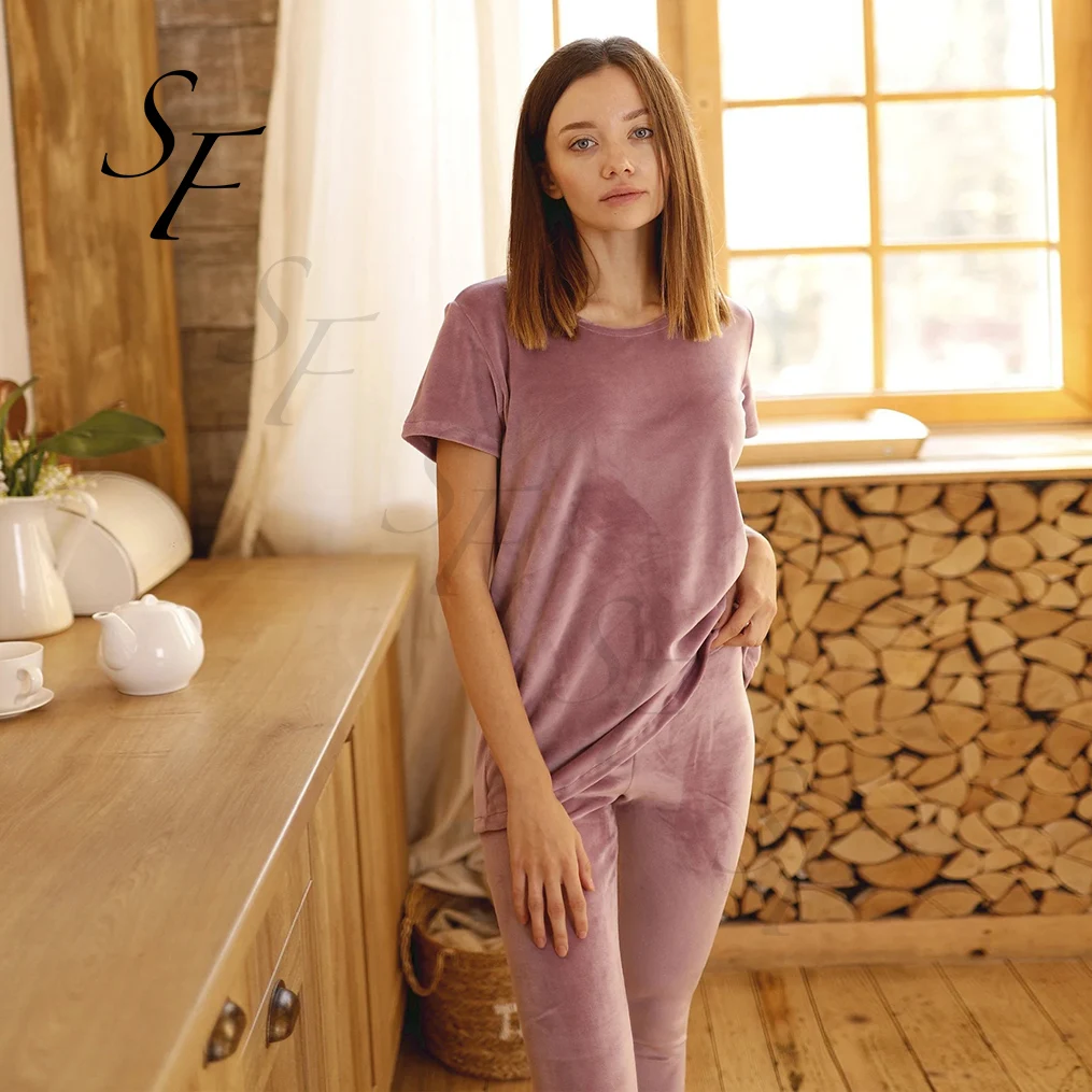 Custom Soft warm homewear Valentines Plush velvetLeggings and t-shirt velour pajamas for women