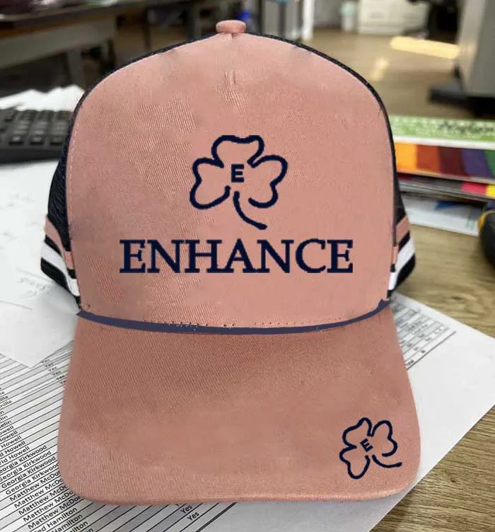 customize side stripe pink cotton dark blue mesh trucker hat