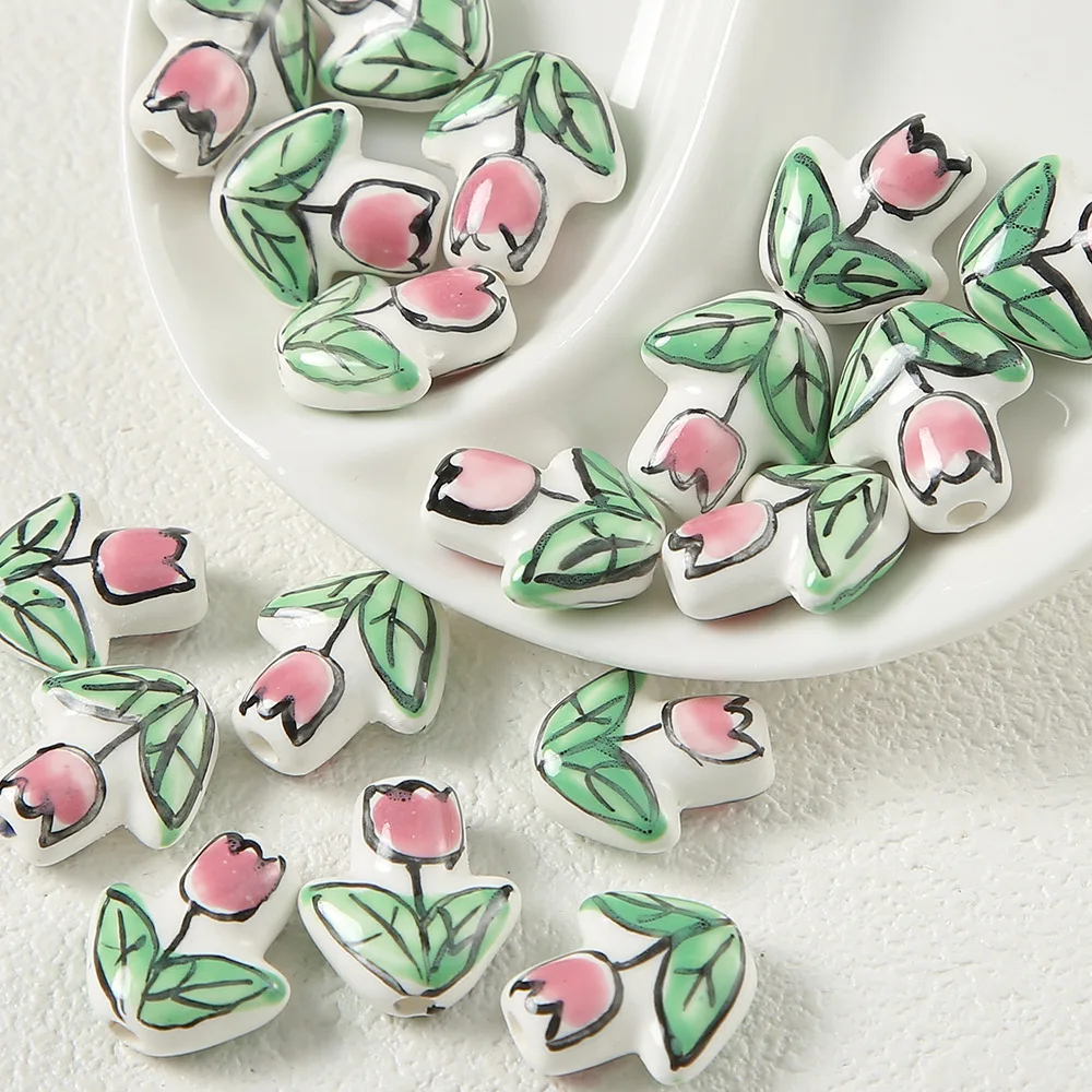 DIY hand painted tulip rose flower ceramic bead china Porcelain loose beads for jewelry making accessories wholesale