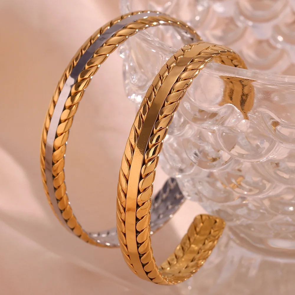 Unique Wholesale Custom Non Tarnish 18K Gold Plated Stainless Steel Bracelet Knit Texture Open Bangle Bracelet for Women