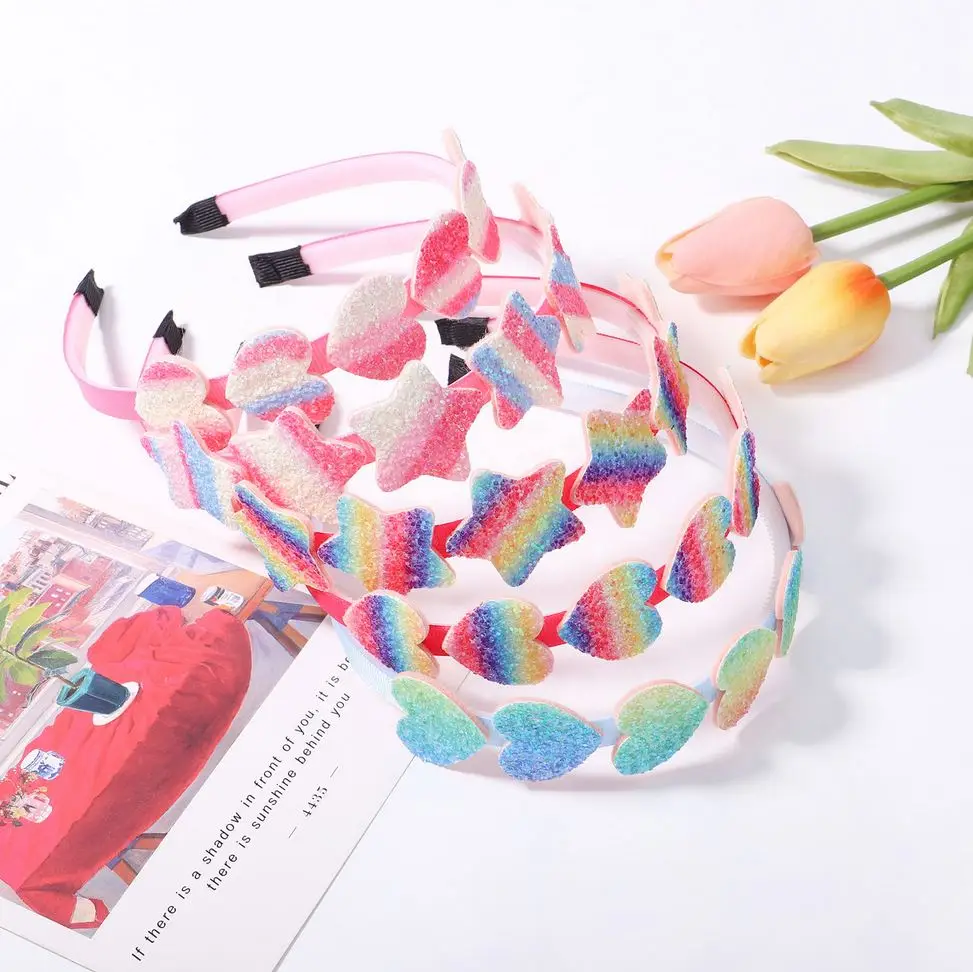 2023 Wholesale Girls Colorful Sequin Heart Hair Bands Kids Gradient Rainbow Stars Glitter Headbands for Party