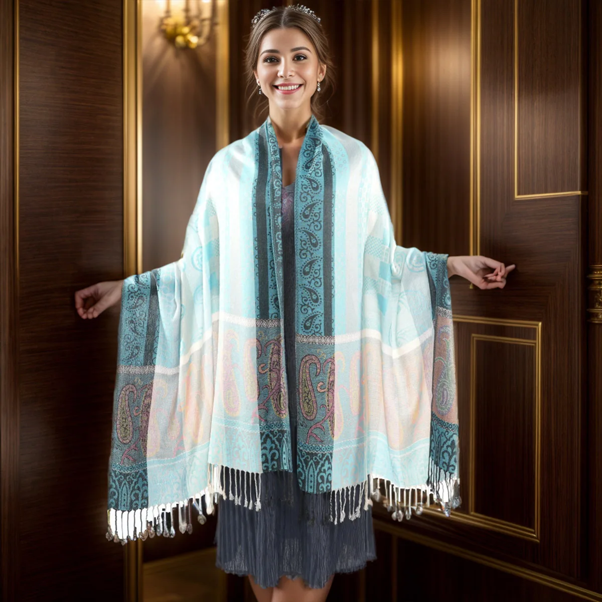Hot selling  European Style Scarf Newest Jacquard Knitting Pattern Scarf Rainbow Color Viscose Knitted Blanket Pashmina Shawl