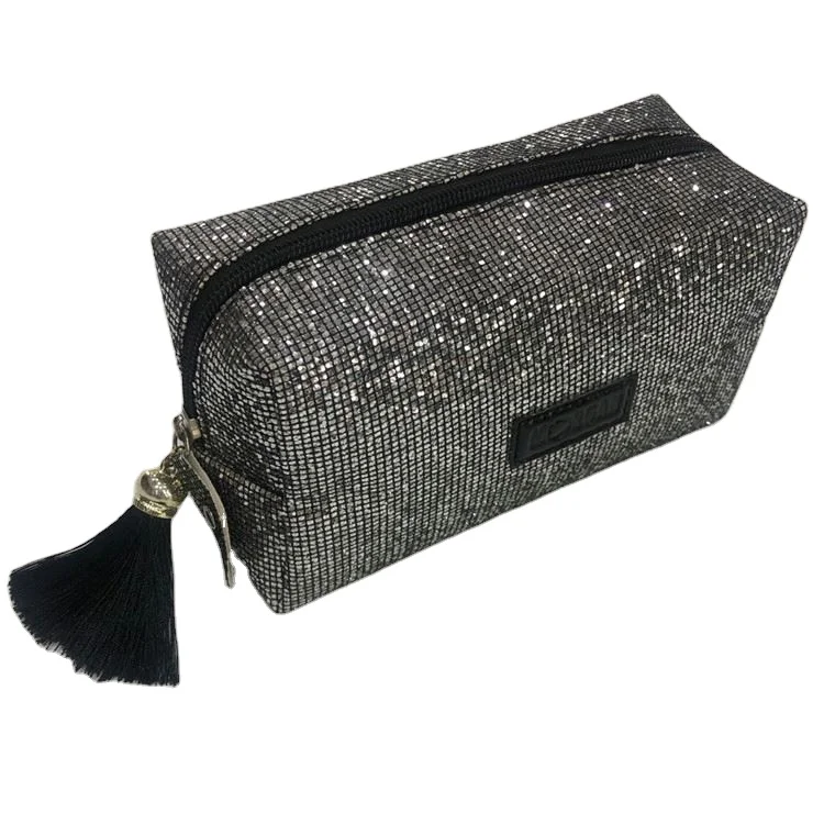 
Lux personalized tassel decor glitter sparking shining sequins PVC zipper cosmetic makeup pouch bag for women 