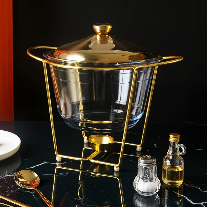 Round Buffet Soup Warmer Chafer Set Glass Food Pan Dishes with Ladle 4L Gold Chafing Dish for Wedding Parties Banquet Catering