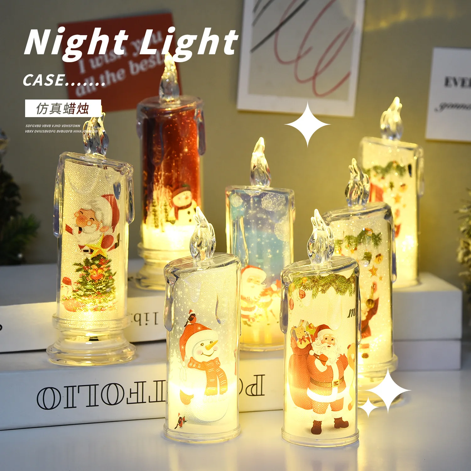 Christmas LED Candle Lamp Simulated Atmosphere with Built-In Print Electronic Holiday Decorations Made of Plastic