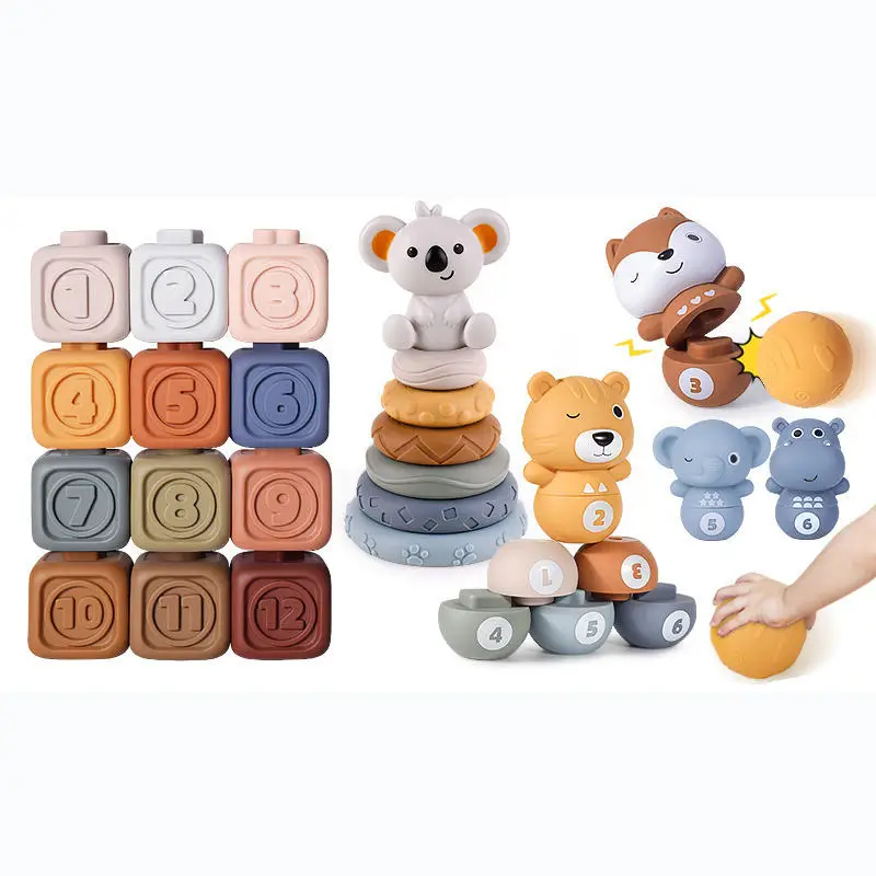Baby Stacking Squeeze Soft Rubber Matching Bowling Ball Stacking Animal Roller Bowling Toys Shape Game Silicone Education Toy