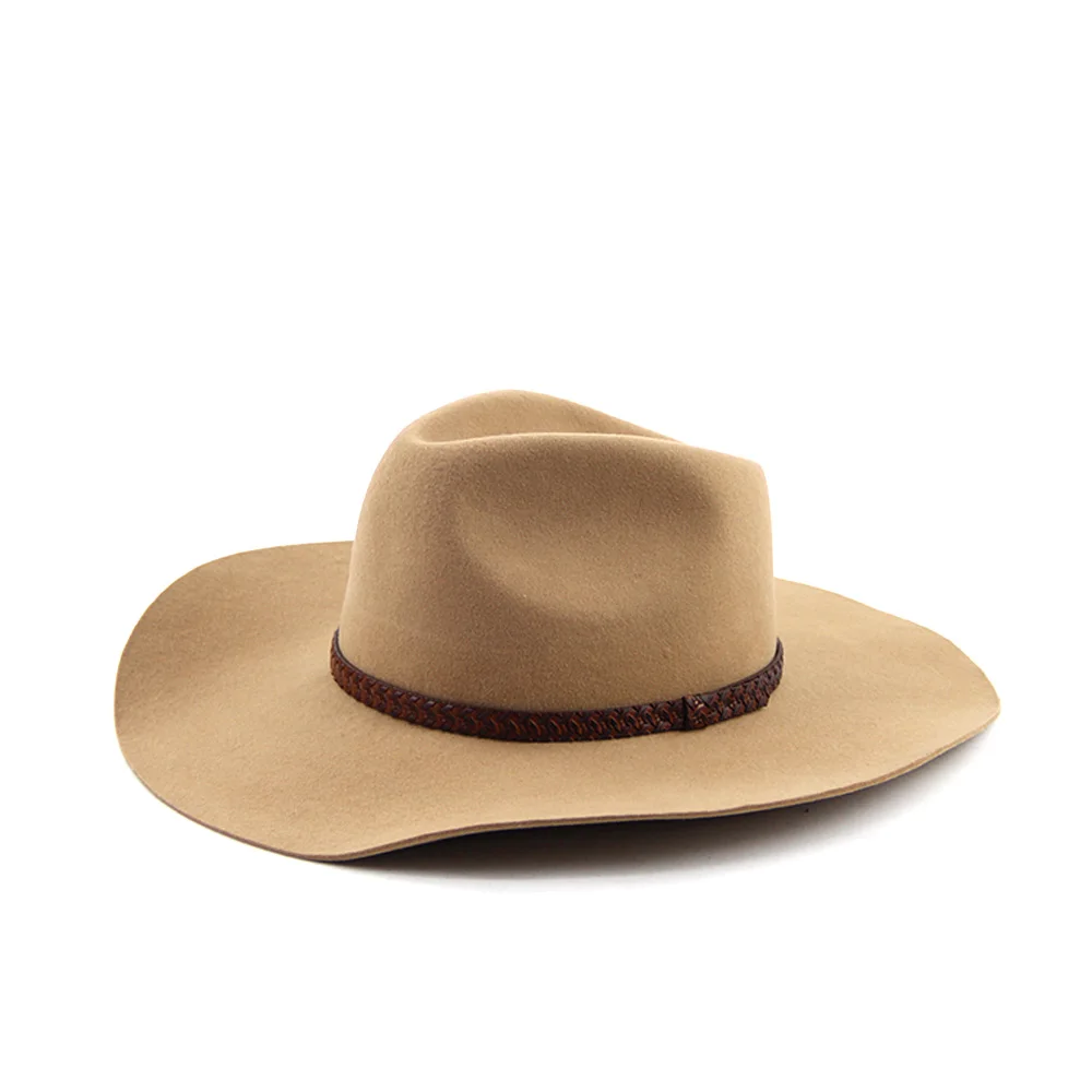 LiHua Wholesale Unisex 100% Wool Felt Large Brim Cowboy Hat Men Customized Leather Cowboy Hats