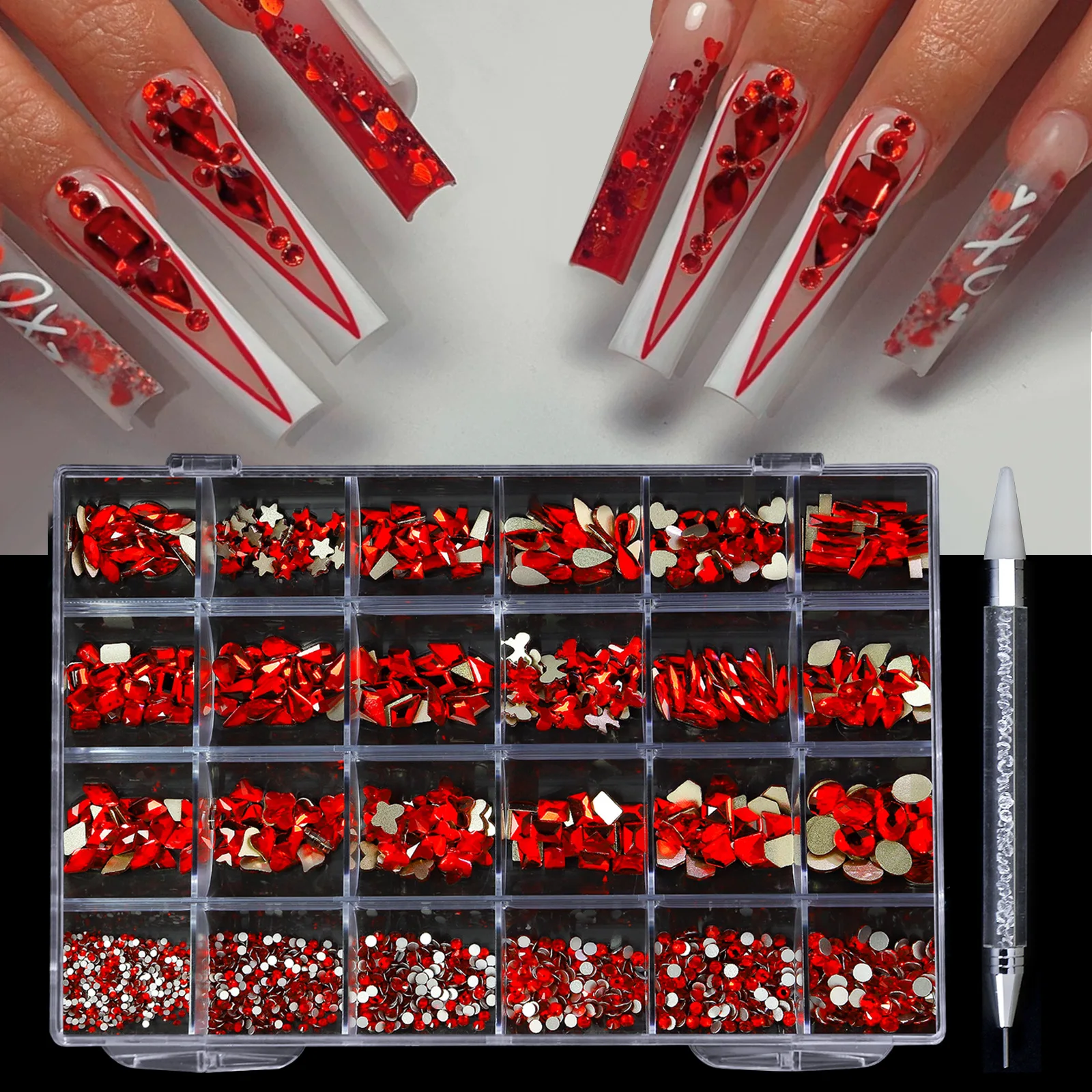 Wholesale Nail jewelry Set Cross border 24 grid rhinestone box Nail Diamond Flat Glass shaped diamond DIY Nail Rhinestone