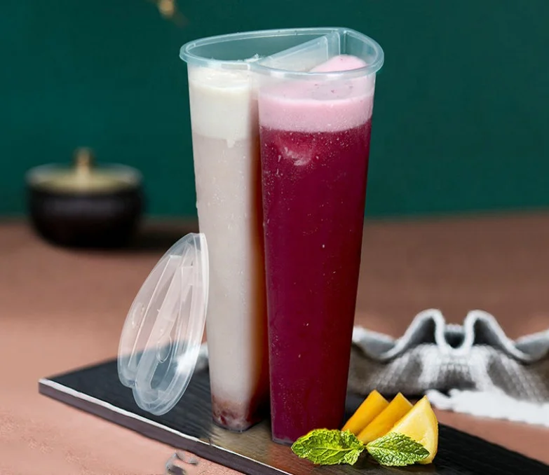 16oz 22oz Bubble Tea Plastic Split Cup for Boba Two-compartment Twin Cups Heart Shape for Boba Tea with Lid
