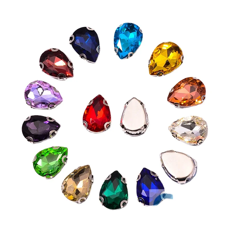 Fancy Teardrop-Shaped 13*18mm Flatback Crystal Rhinestone Loose Sew Buttons Shoes Dress Decoration Glass Metal Claw Setting