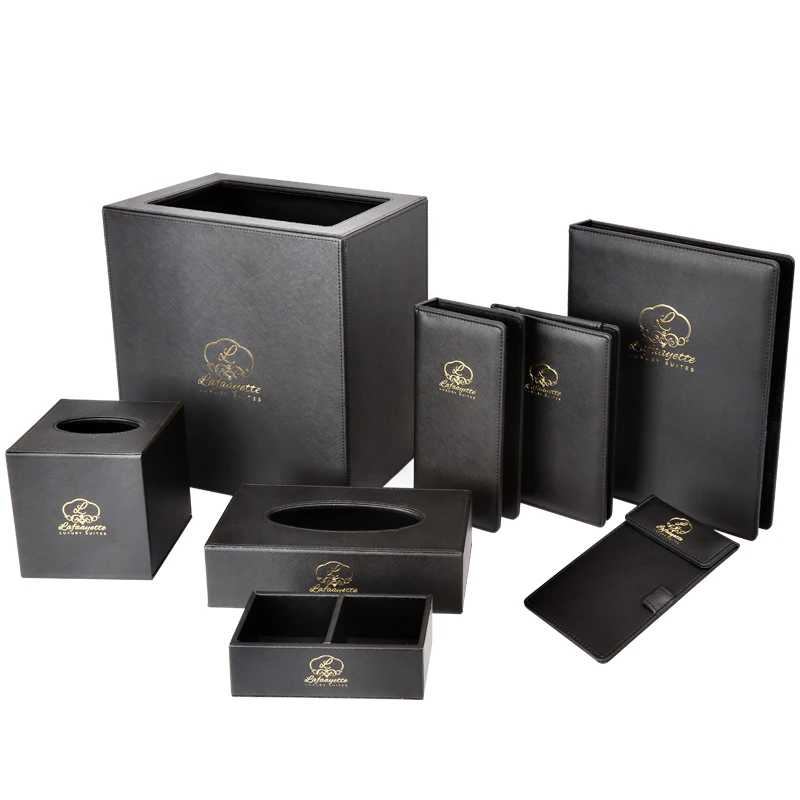 50% off sale Custom Design cheaper black Pu Leather Amenities Hotel guestroom Supplies Sets