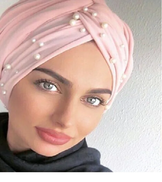 Wholesale popular suede turbans with pearls for arab women