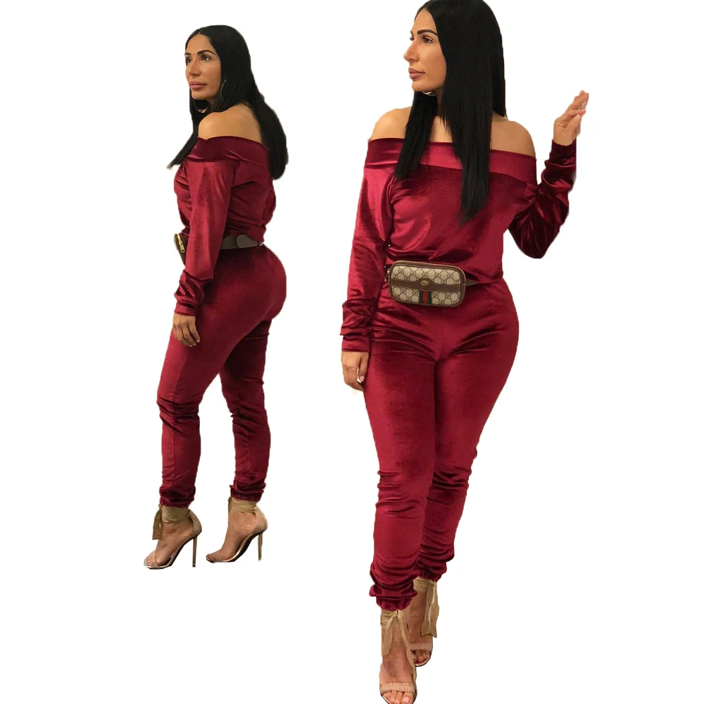 
YHH5055 off the shoulder hoodies and long trousers ladies two piece set women western velvet pant suit 