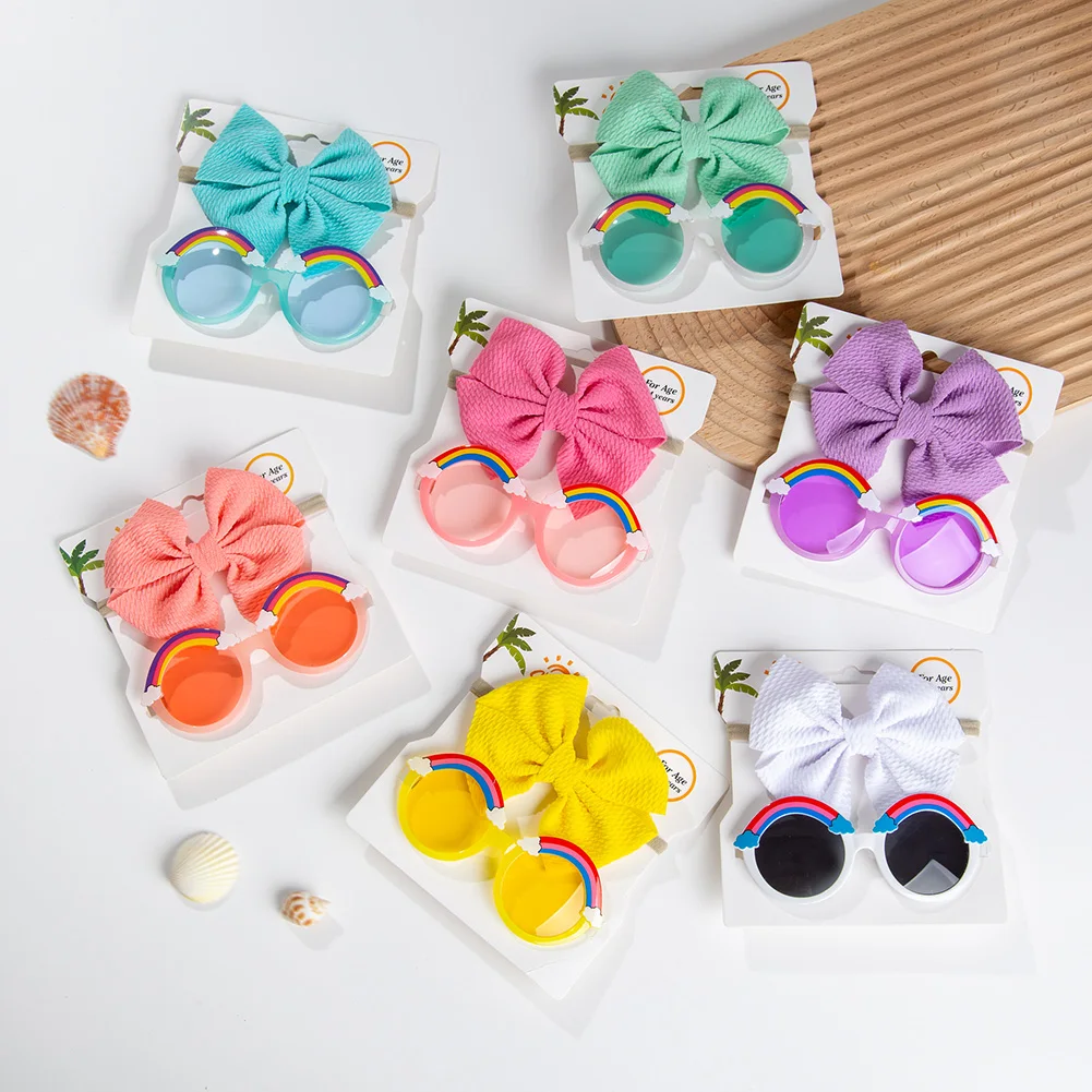 Hot Selling Baby Rainbow Kids Sunglasses Set Uv400  Nylon Hairband Sweet Girl Glasses Beach Photo Photography  Accessories
