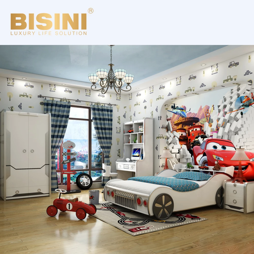 Fashionable Customized Car Kids Bed &Nightstand Cartoon Cars Children Bedroom Set