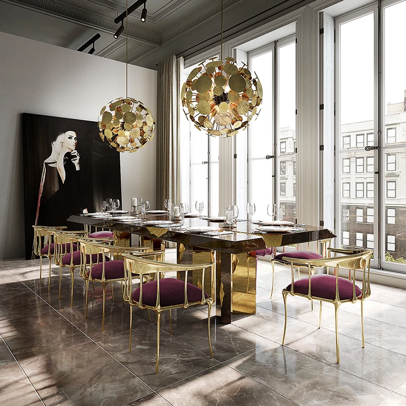 luxury style dining table walnut carving stainless steel legs frame 3.8 m long dining room furniture sets