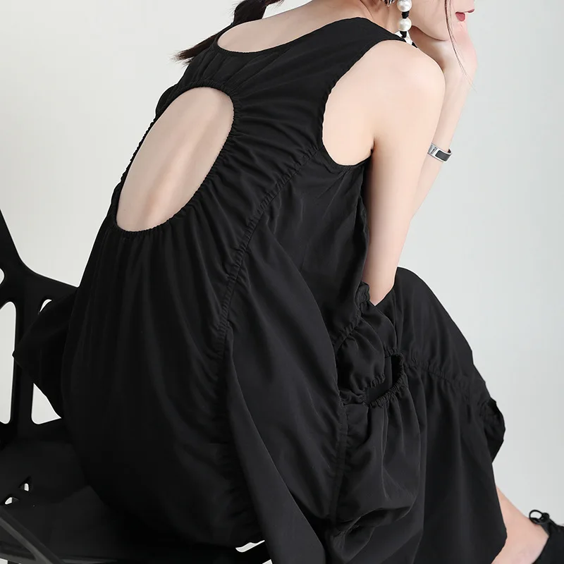 Модное платье без рукавов с дырками на спине для девочек 2021 Летняя короткая и длинная Асимметричная плиссированная длинная юбка 2089