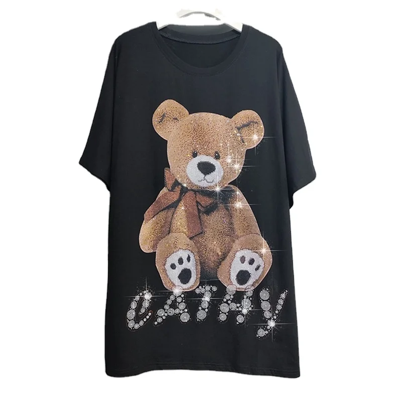Luopeita Summer Bear Pattern Rhinestones T-shirts and Shorts Set Two Piece Black Knitted Custom Rhinestone Heat Transfer Motif