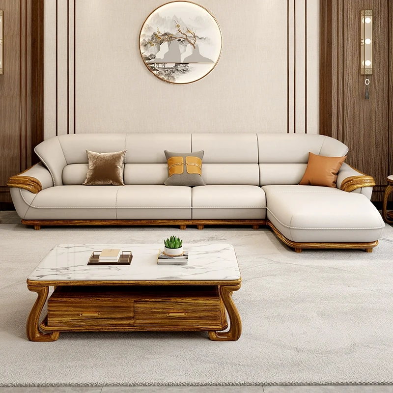 European Style Luxury Ebony Leather and Solid Wood Corner Sofa for Living Room Office Combination Wooden Couch Sofa