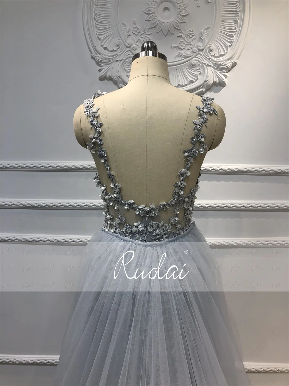 Ruolai LWC6658 Tulle Detachable Train Mermaid 3D Flowers Backless Beaded Mermaid Lace Evening Dresses