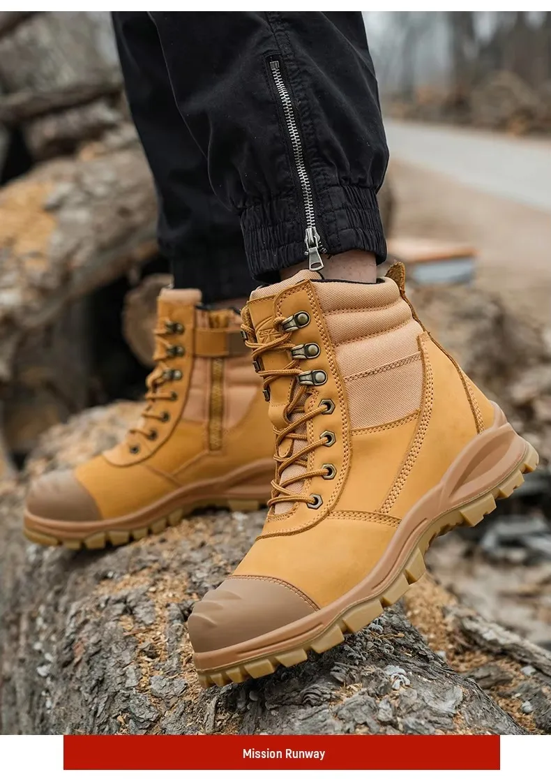 High ankle dark brown Crazy horse Leather mining work safety boots for men, drak brown safety boot have tpu toe