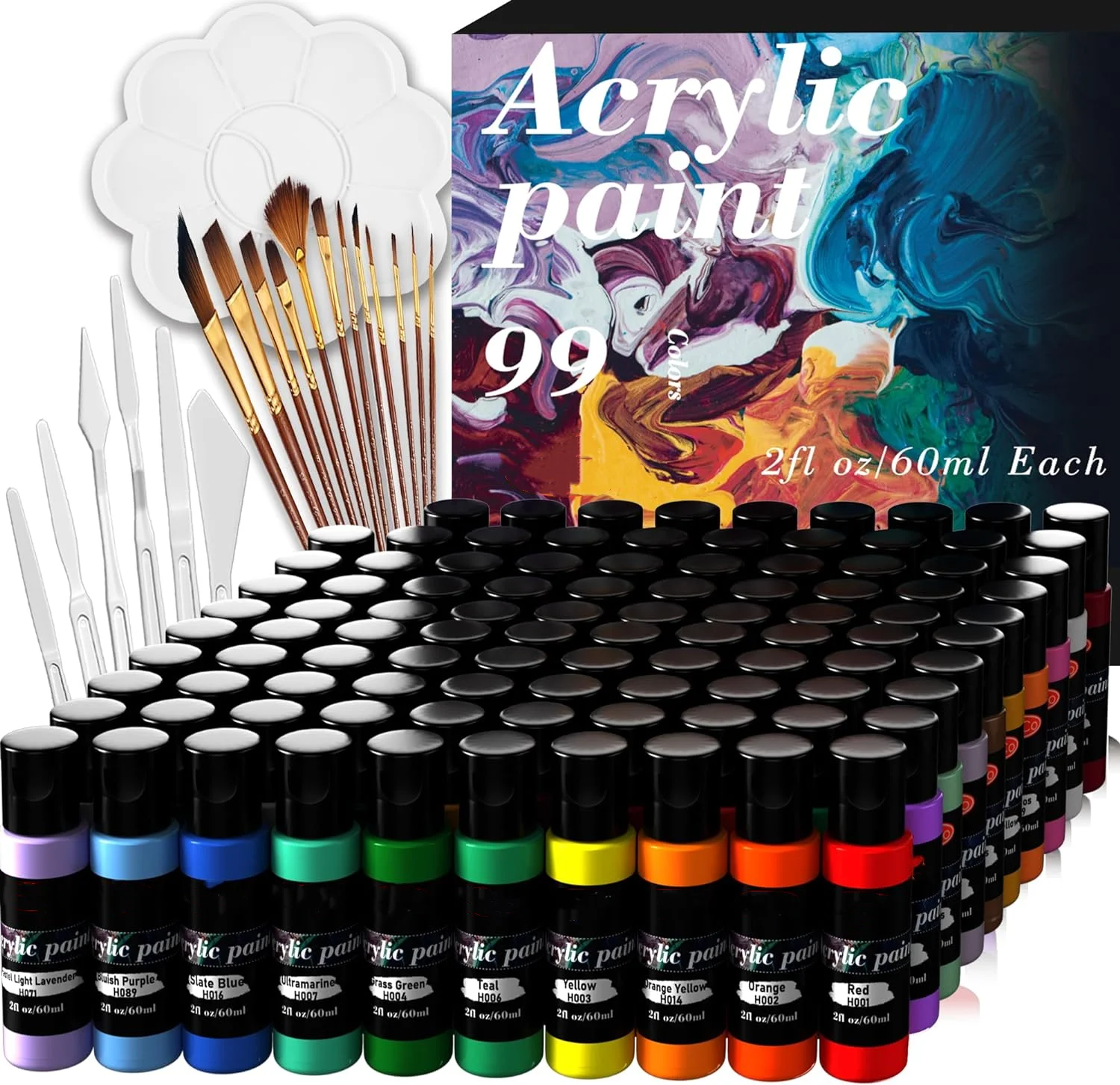 Acrylic Paint Set of (2fl oz /60ml each) Bottles Non Toxic Rich Pigment for Kids Adults Artists Canvas Crafts Wood Painting