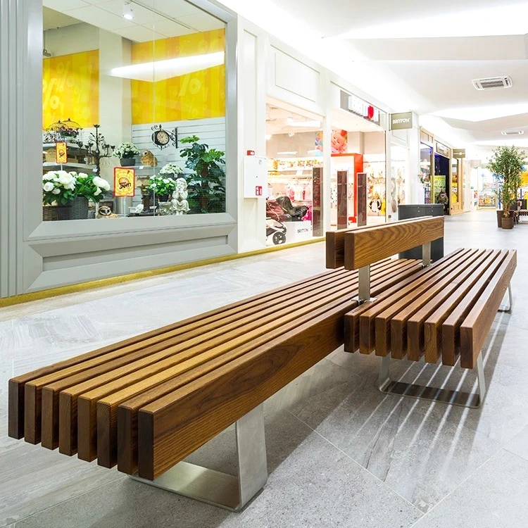 Custom Urban Leisure Modern Shopping Mall Wooden Bench Lowes Patio Park Street Furniture Public Waiting Long Bench Chair