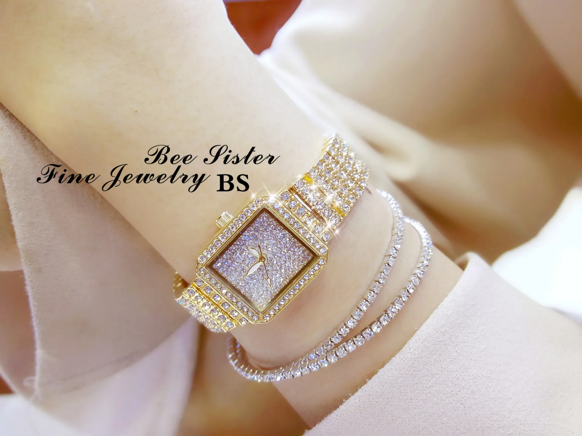 BS Full Diamond Quartz Women Silver Watches Luxury Brand Crystal Square Female Wristwatch Rhinestone Ladies Clock Montre Femme