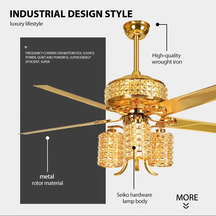 Gold Fans Capacitor Ceiling Light Kit 52 Inch Ceiling Fan With Crystal Lamp