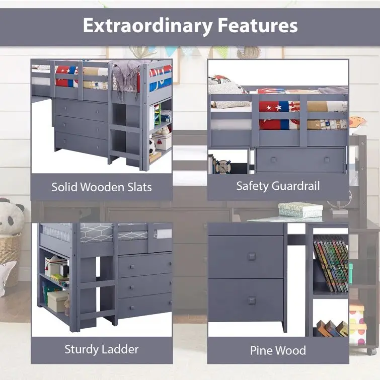 Children Furniture Wooden Kids Bunk Bed Twin Bed For Kids with Drawers and Stairs