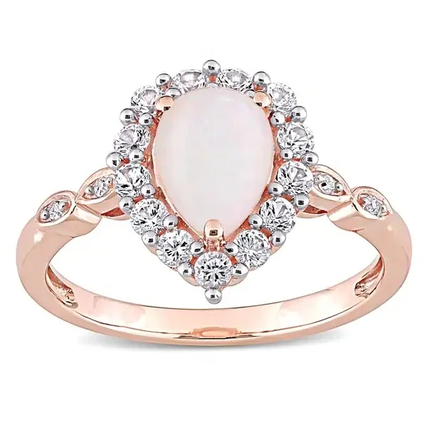 925 Sterling Silver Pear Shape Opal With Zircon Teardrop Halo Rose Gold Engagement Ring