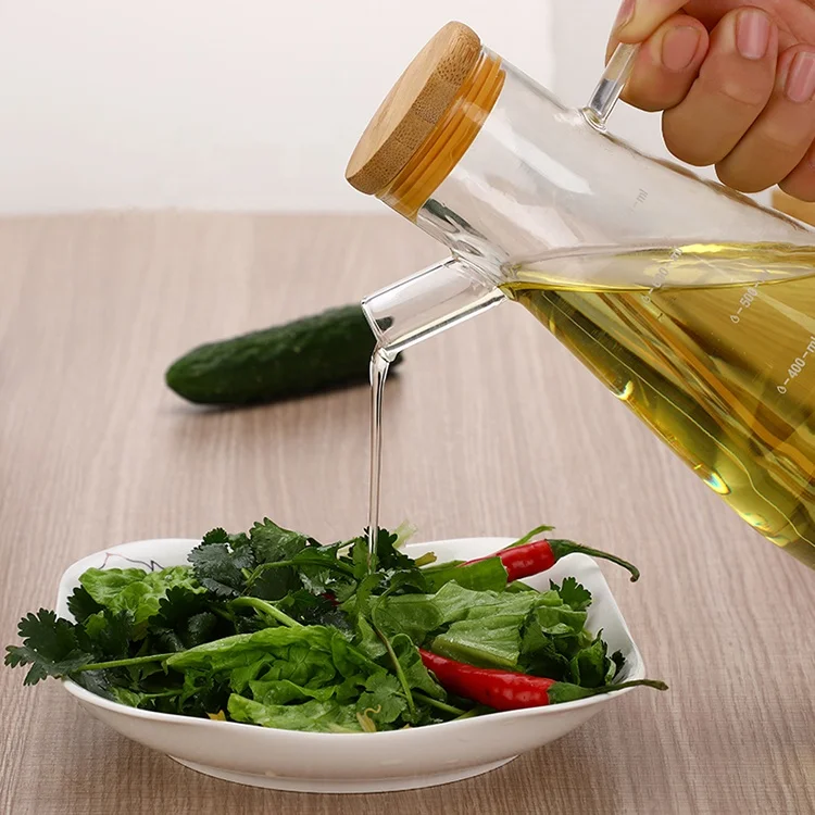 Eco-friendly kitchen glass cooking olive oil bottle with bamboo lid and handle