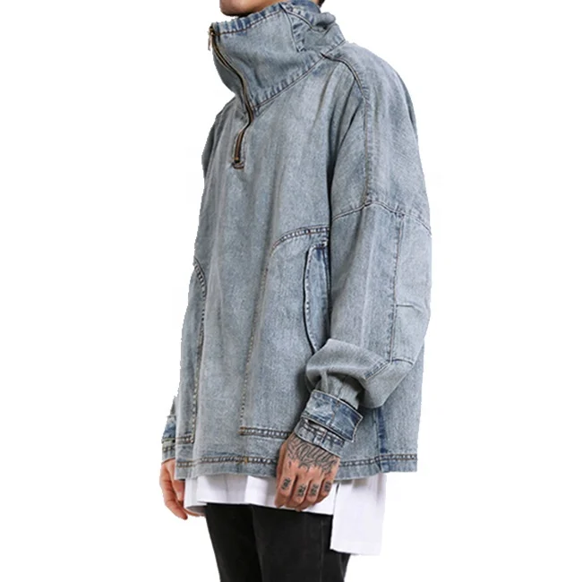 Stock fog oversized hiphop washed faded vintage denim jacket men loose up collar zipper distressed outerwear unisex casual wear
