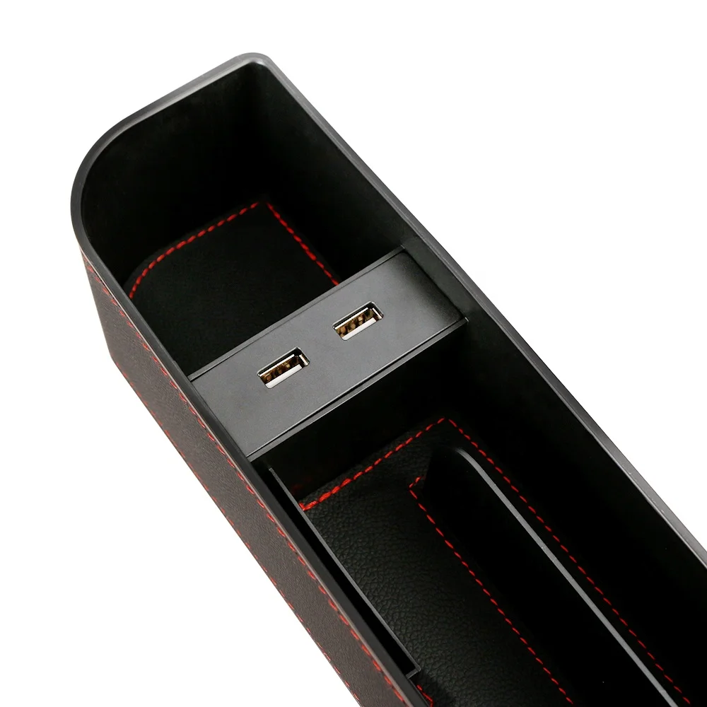 Leather Car Seat Side Gap Organizer Box with Dual USB Interface and Cup Holder