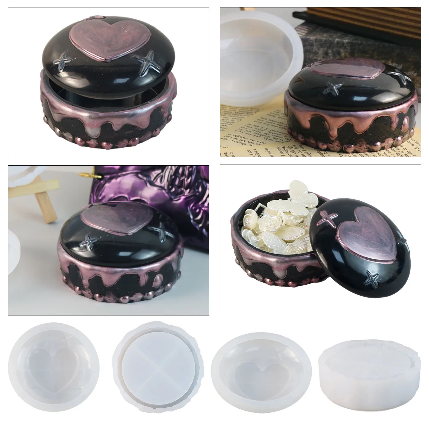 KK172  Riser Heart Cake Shape Crystal Epoxy Resin Jewelry Storage Boxes Candle Jars Cement Plaster Resin Crafts Silicone Mold
