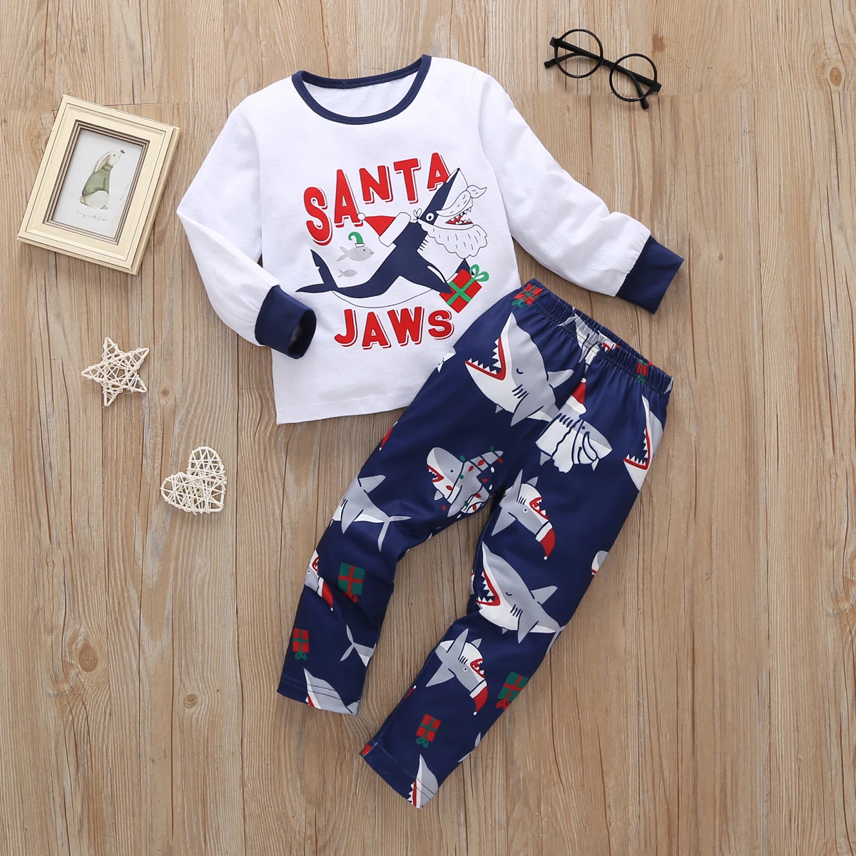 New 2020 Christmas Sharks Gift Cartoon Printed Knitted Breathable New Year Sleepwear Set 1 to 5 years Pajamas Kids
