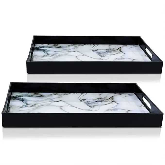 Nanchang Montary Set of 2 Marble Coffee Table Trays Black White Marble Veins Proof Decorative