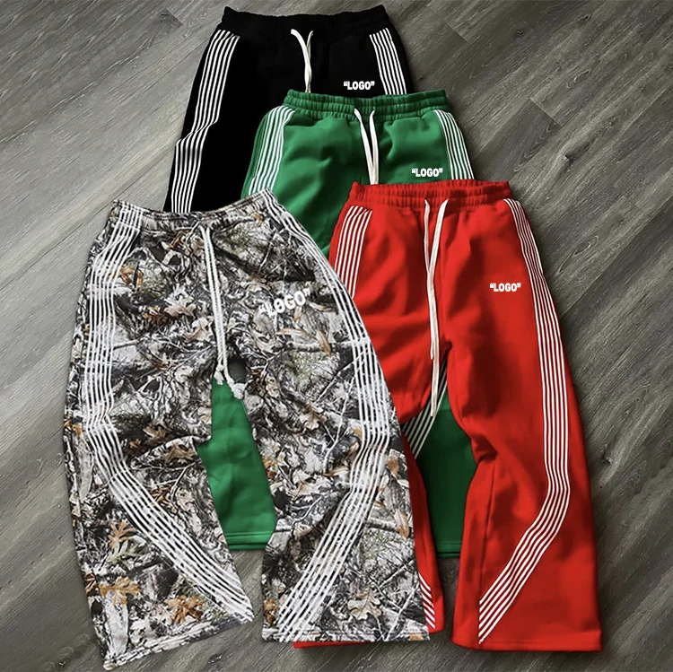 Custom tree camo sweatpants french terry striped track pants flare stacked wide leg sweat baggy pants men