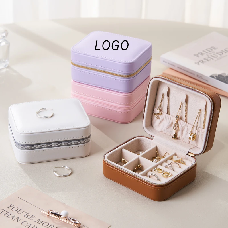 Wholesale Custom Handmade Small Jewellery Storage Boxes Organizer Case Square Velvet Pu Leather Travel Jewelry Box with Logo