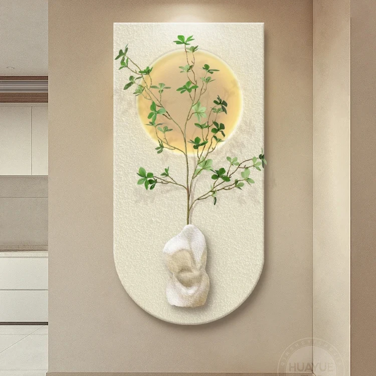 Sandstone three-dimensional texture  corridor wall painting green plant wall painting with  led light for home decor