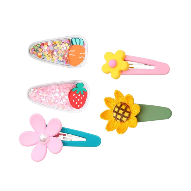 
2021 5Pcs Set Baby Hairpins Cartoon Girls acrylic Hair Clips Colorful PVC Fruit Flowers Transparent Child Hair Clips 