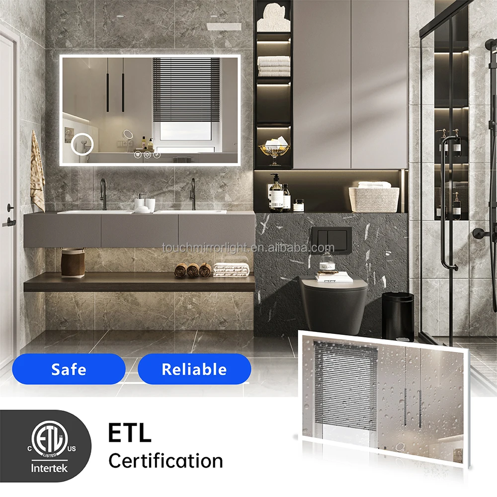 Wall mounted Foshan factory touch screen demist led backlit bathroom mirror light with blue tooth for hotel