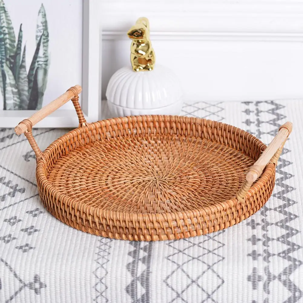 
Round Storage Tray Bread Basket Rattan Woven Storage Snack Fruit Plate Hotel Essential Oil Tray With Handle For Serving Dinner 