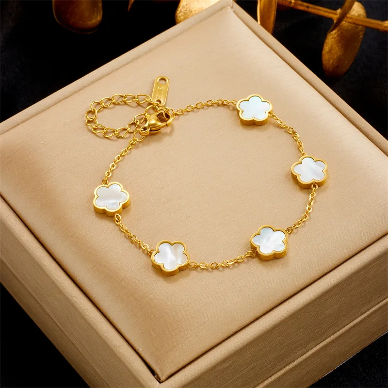 Fine Jewelry Bracelets Stainless Steel 18k Pvd Plated No Fade Five Leaf Clover Bracelet Waterproof 4 Color Lucky Flower Bracelet