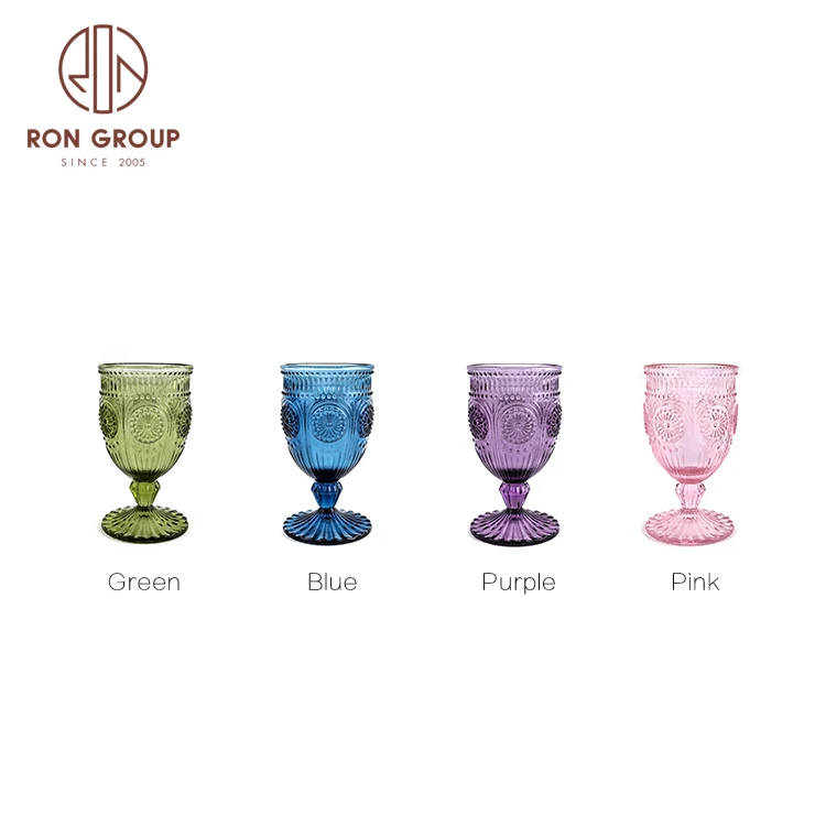 China wholesale glassware vintage party wedding decoration retro sunflower pattern colored goblet glasses purple red wine goblet